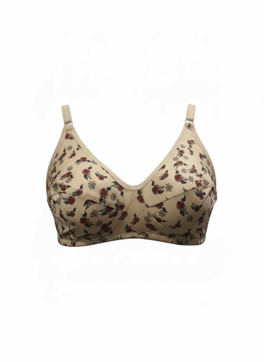 Beige Floral Print Bra